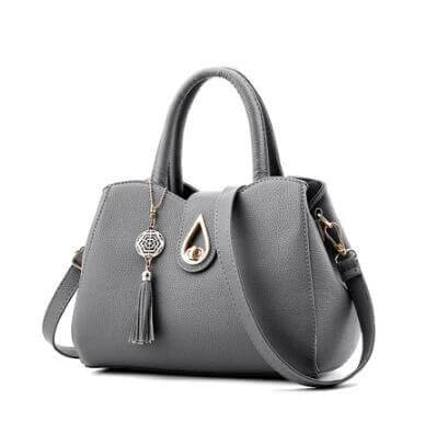 Women's PU Leather Tassel Shoulder Bag Shell Tote For Everyday Use - grey litchi‑pattern shell tote with tassel and zipper, organized interior pockets