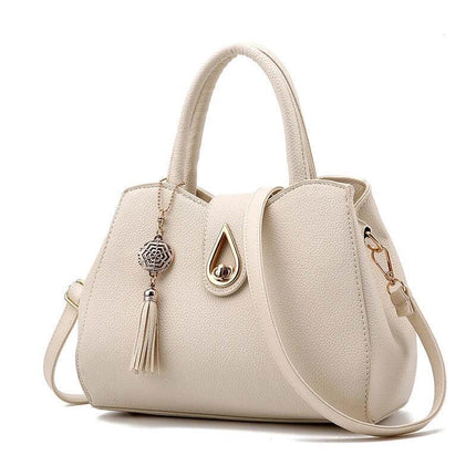 Women's PU Leather Tassel Shoulder Bag Shell Tote For Everyday Use - cream litchi‑pattern shell tote with zipper, tassel charm and multiple pockets