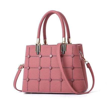 Women's PU Rivet Handbag With Multiple Pockets For Everyday Use - pink structured PU bag with rivet accents, double handles and shoulder strap