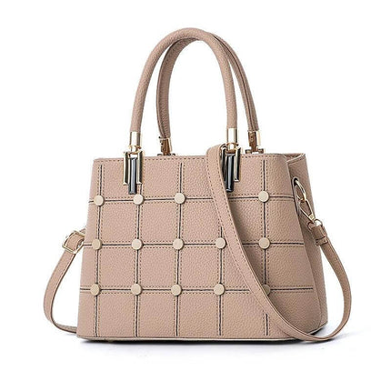 Women's PU Rivet Handbag With Multiple Pockets For Everyday Use - beige structured PU tote with rivet grid, top handles and crossbody strap