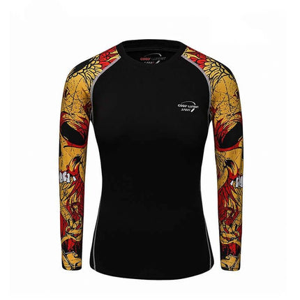 Women's Quick-Dry Running Top for Fitness, Hiking, and Outdoor Use - black Lycra long sleeve with yellow red skull-print sleeves, breathable moisture-wicking