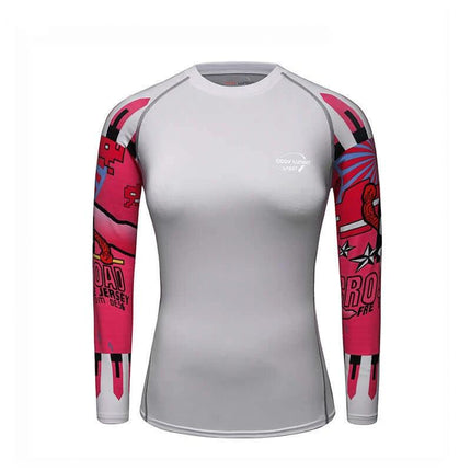 Women's Quick-Dry Running Top for Fitness, Hiking, and Outdoor Use – grey Lycra blend long-sleeve with pink graphic sleeves, moisture-wicking lightweight fit