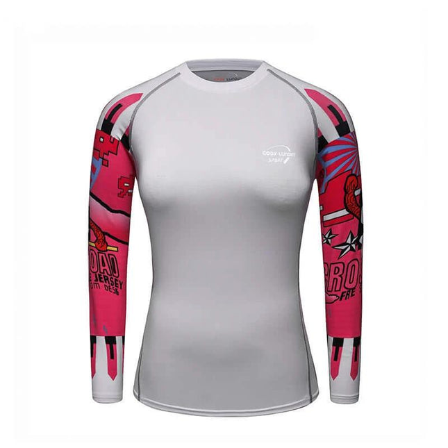 Women's Quick-Dry Running Top for Fitness, Hiking, and Outdoor Use – grey Lycra blend long-sleeve with pink graphic sleeves, moisture-wicking lightweight fit