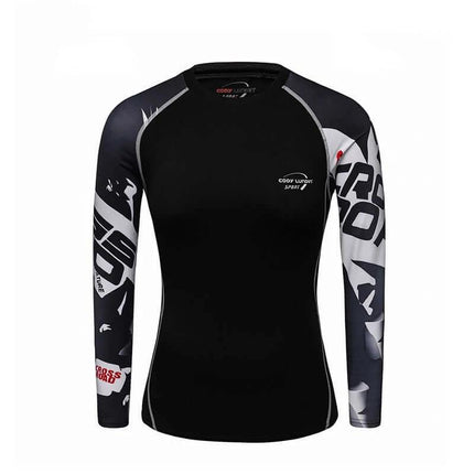 Women's Quick-Dry Running Top for Fitness, Hiking, and Outdoor Use - black Lycra blend long-sleeve with camo/graphic sleeves, breathable wicking fit