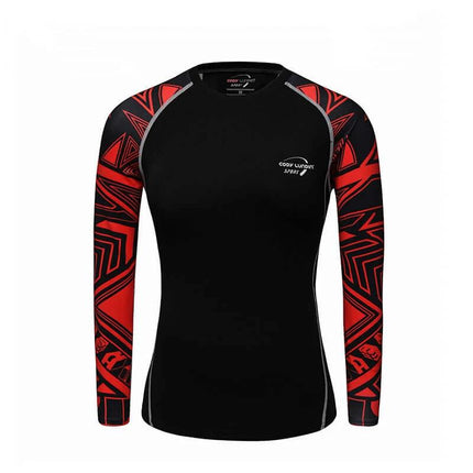 Women's Quick-Dry Running Top for Fitness, Hiking, and Outdoor Use - black Lycra long-sleeve with red geometric print sleeves, moisture-wicking fit