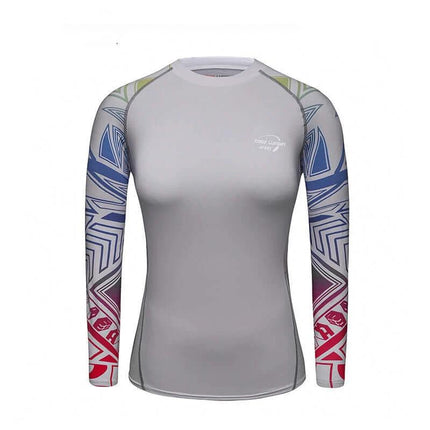 Women's Quick-Dry Running Top for Fitness, Hiking, and Outdoor Use - grey Lycra blend long-sleeve with colorful geometric print sleeves