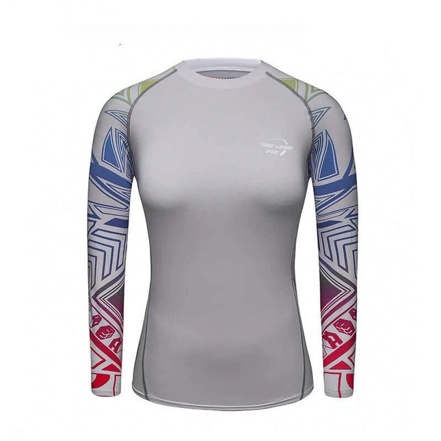 Women's Quick-Dry Running Top for Fitness, Hiking, and Outdoor Use - grey Lycra blend long-sleeve with colorful geometric print sleeves