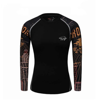 Women's Quick-Dry Running Top for Fitness, Hiking, and Outdoor Use - black Lycra blend long-sleeve with printed sleeves, breathable moisture-wicking fit