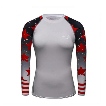Women's Quick-Dry Running Top for Fitness, Hiking, and Outdoor Use - grey Lycra long-sleeve with red star and stripe sleeves, breathable wicking layer