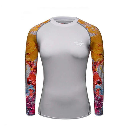 Women's Quick-Dry Running Top for Fitness, Hiking, and Outdoor Use - grey Lycra long-sleeve with colorful print sleeves, breathable moisture-wicking layer