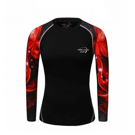 Women's Quick-Dry Running Top for Fitness, Hiking, and Outdoor Use - black lycra long-sleeve with red floral print sleeves, moisture-wicking stretch fit