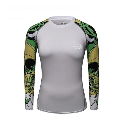 Women's Quick-Dry Running Top for Fitness, Hiking, and Outdoor Use - women's grey Lycra long sleeve with green skull print sleeves, moisture-wicking