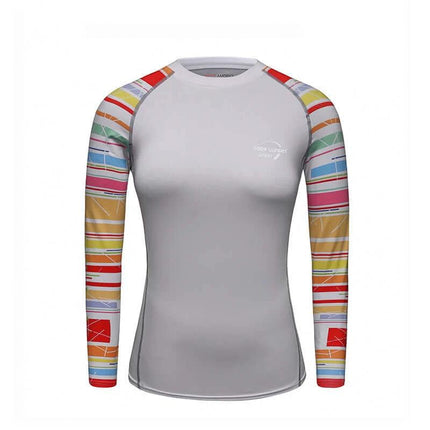 Women's Quick-Dry Running Top for Fitness, Hiking, and Outdoor Use - grey Lycra long-sleeve with colorful striped sleeves, moisture-wicking breathable layer