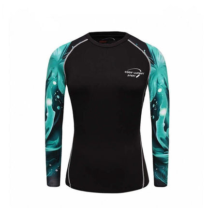 Women's Quick-Dry Running Top for Fitness, Hiking, and Outdoor Use - black Lycra long-sleeve with teal camo-print sleeves, moisture-wicking stretch fit