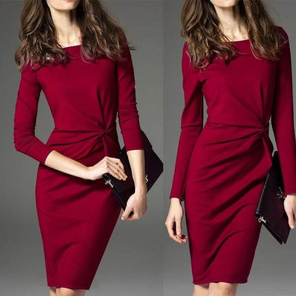 Women's Cotton Pencil Dress With Pocket For Workday Commute in red, mid-length fitted cotton stretch pencil dress with long sleeves and side pocket for office