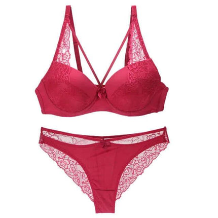 Women's Lace Bra Panty Set For Everyday Comfort And Easy Wear - red lace 3/4 cup bra with matching panty, lightweight nylon with breathable lining