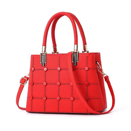 Women's PU Rivet Handbag With Multiple Pockets For Everyday Use - red structured PU bag with rivet accents and multiple pockets for commuting
