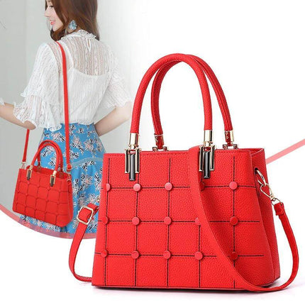 Women's PU Rivet Handbag With Multiple Pockets For Everyday Use - red structured PU purse with rivet accents and multiple pockets