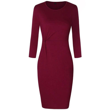 Alt Tag: Women's Cotton Pencil Dress With Pocket For Workday Commute - burgundy mid-length stretch pencil dress with side pocket and long sleeves