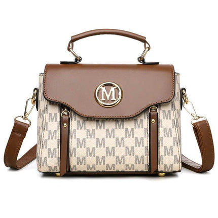 Women's Retro Crossbody Shoulder Handbag Brown Classic compact PU brown retro satchel with top handle, adjustable strap and branded M pattern