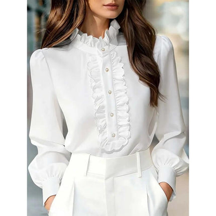 Women's Ruffle Trim Long Sleeve Work Shirt In Solid Colors - white ruffle-trim blouse styled with tailored trousers for office wear