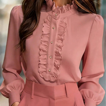 Women's Ruffle Trim Long Sleeve Work Shirt In Solid Colors - pink ruffle-front office blouse with pearl buttons and long sleeves