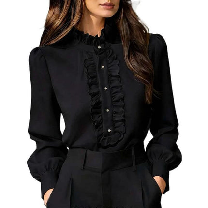 Women's Ruffle Trim Long Sleeve Work Shirt In Solid Colors - black ruffle-trim blouse styled with tailored trousers for office wear