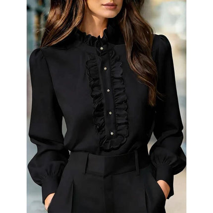 Women's Ruffle Trim Long Sleeve Work Shirt In Solid Colors - black ruffle-trim blouse styled with tailored trousers for office wear