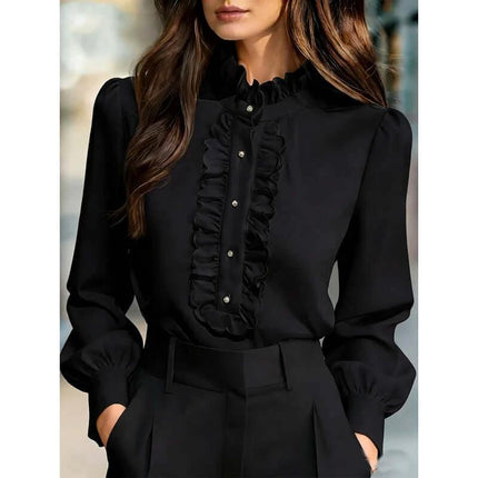 Women's Ruffle Trim Long Sleeve Work Shirt In Solid Colors - black ruffle-trim blouse styled with tailored trousers for office