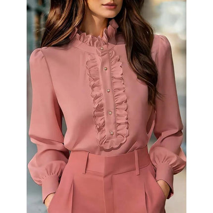Women's Ruffle Trim Long Sleeve Work Shirt In Solid Colors - pink ruffle-trim blouse styled with tailored trousers for office wear
