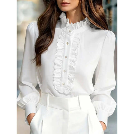 Women's Ruffle Trim Long Sleeve Work Shirt In Solid Colors white ruffle-trim blouse styled with tailored trousers