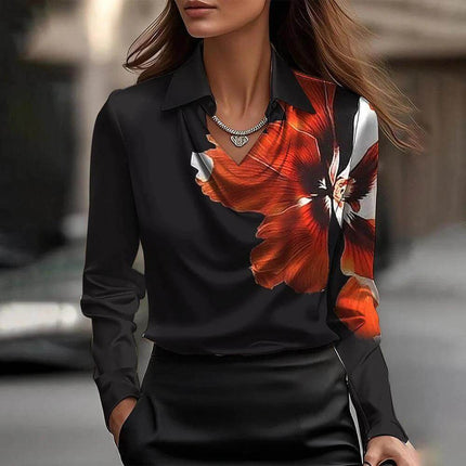 Women's Satin Swing Collar Long Sleeve Office Blouse featuring black satin with bold red floral print on one side