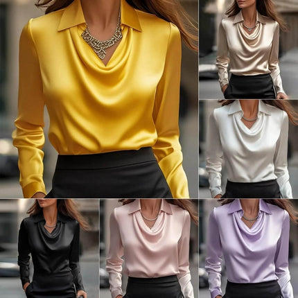 Women's Satin Swing Collar Long Sleeve Office Blouse in satin finish shown in yellow, ivory, black, pink and lavender for office styling