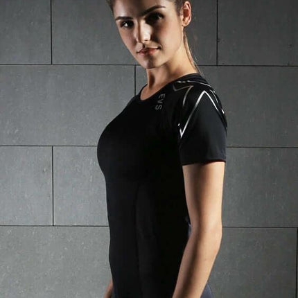 Women's Short Sleeve Compression Yoga Set With Stretch Running Top And Tights modeled by woman in black fitted short-sleeve compression top and high-waist tights