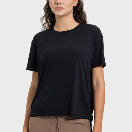 Women's Short Sleeve Side Drawstring Yoga Top Cotton Blend in black, hip-length pullover with adjustable side drawstring for yoga and workouts