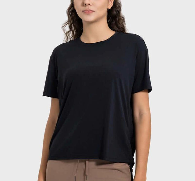 Women's Short Sleeve Side Drawstring Yoga Top Cotton Blend in black, hip-length pullover with adjustable side drawstring for yoga and workouts