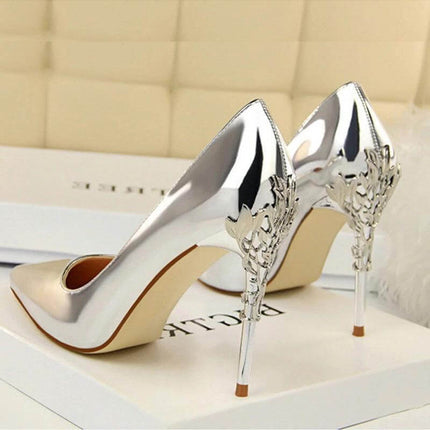 Womens Pointed Toe Stiletto Heels For Everyday Wear - silver patent-look pointed-toe 10cm stiletto with decorative metallic heel for office or evening