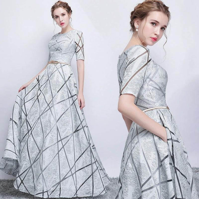 Women's Slim And Elegant Banquet Host Dress White For Events - slim tailored white banquet host gown with structured silhouette and subtle geometric pattern