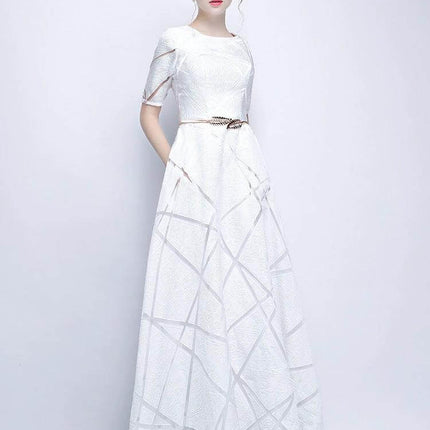 Women's Slim And Elegant Banquet Host Dress White For Events model in long slim tailored white gown for weddings galas and corporate banquets