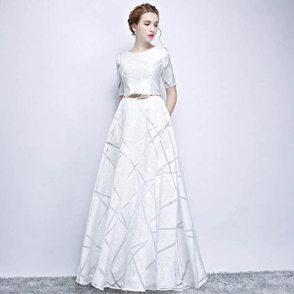 Women's Slim And Elegant Banquet Host Dress White For Events - model wearing slim tailored white banquet host gown with short sleeves and decorative belt