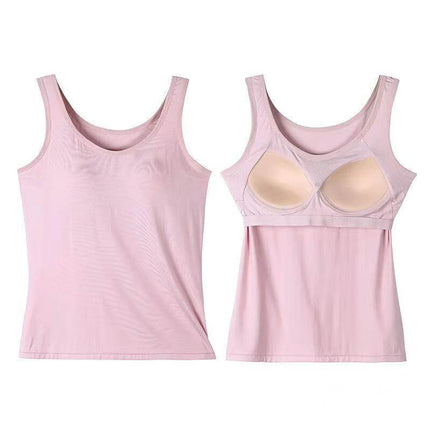 Womens Slim-fit Camisole Under Shirt - pink polyester built-in bra tank top, slim-fit undershirt in sizes M-3XL, Chinese artistic retro style