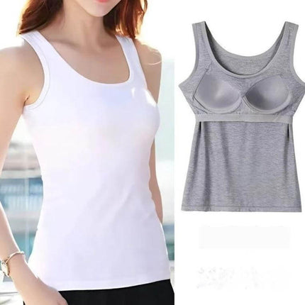 Womens Slim-fit Camisole Under Shirt gray and white breathable polyester tank top with built-in bra, sizes M-3XL, Chinese artistic retro style