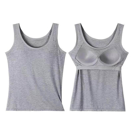 Womens Slim-fit Camisole Under Shirt gray breathable polyester built-in bra seamless tank top, sizes M-3XL, Chinese retro style