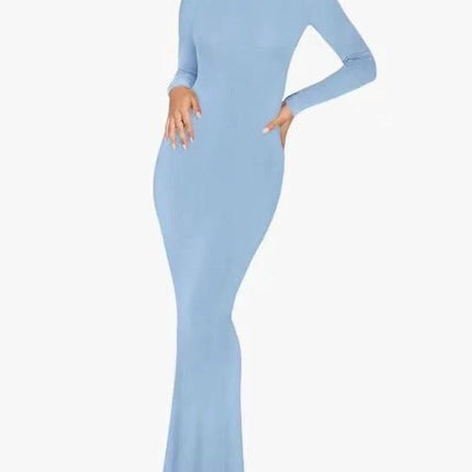Womens Slim Fit Short Sleeve Round Neck Commuter Midi Dress in light blue, long-sleeve slim-fit pullover style for office-to-evening wear