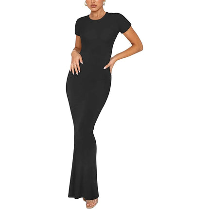 Womens Slim Fit Short Sleeve Round Neck Commuter Midi Dress in black, slim-fit pullover midi with round neck and short sleeves, office-to-evening style