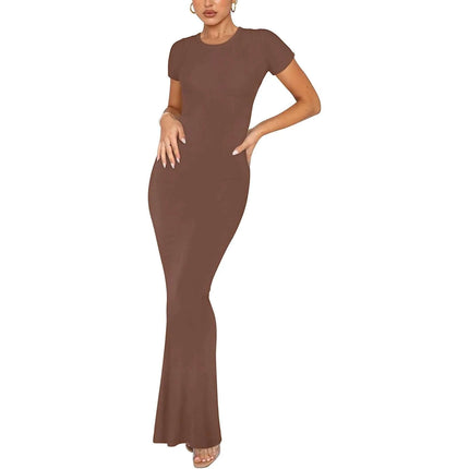 Womens Slim Fit Short Sleeve Round Neck Commuter Midi Dress in coffee brown, slim-fit pullover midi for office-to-evening wear