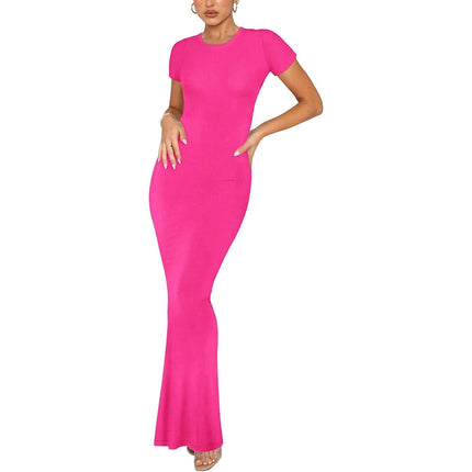 Womens Slim Fit Short Sleeve Round Neck Commuter Midi Dress in bright fuchsia, slim-fit short sleeve round neck, pullover mid-waist commuter style