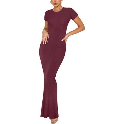 Womens Slim Fit Short Sleeve Round Neck Commuter Midi Dress in wine red slim-fit pullover midi, short sleeves, round neck, office-to-evening silhouette
