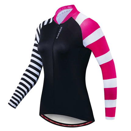 Cycling Jersey For Spring And Autumn Breathable Sweat Wicking Fit - women's long sleeve black body with pink and white striped sleeves