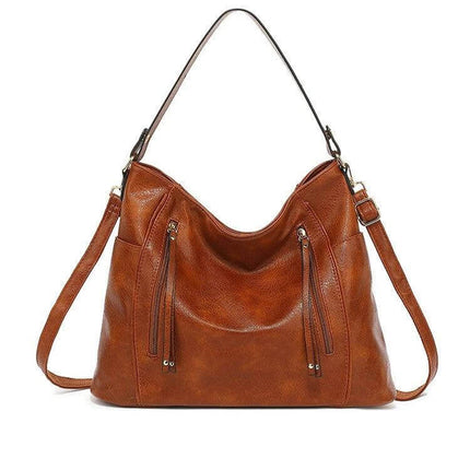 Women's PU Handbag For Daily Use Structured Everyday Carry in brown PU with detachable pouch, polyester lining and sewn detailing